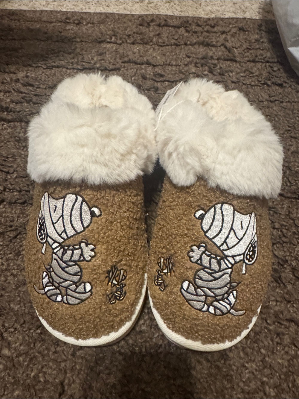 Cozy Brown Faux-Fur Lined Slippers with Snoopy and Woodstock Mummy Embroidery